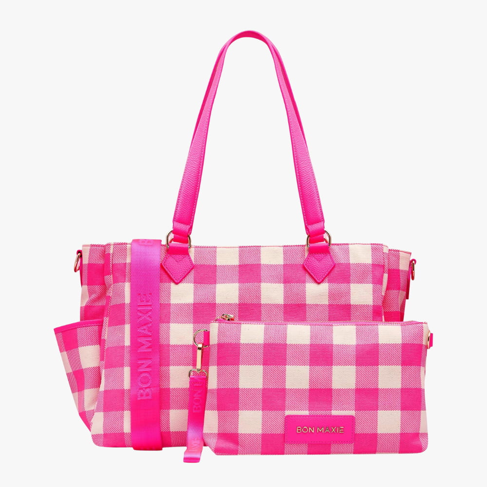 Carryall Tote + Pouch -- Neon Pink Gingham