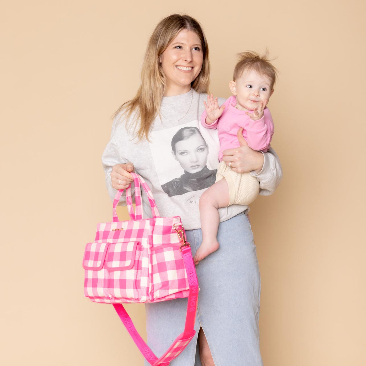 Multi-Pocket Nappy Bag -- Neon Pink Gingham