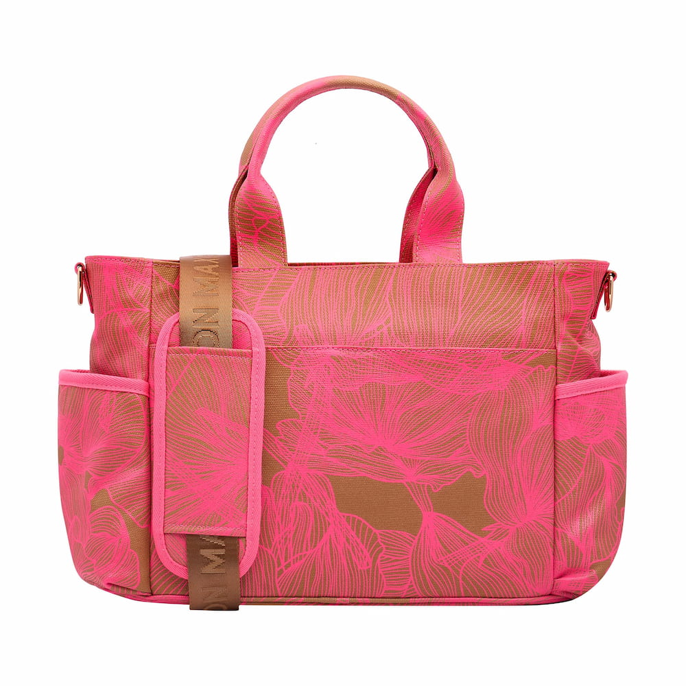 Multi-Pocket Nappy Bag -- Neon Pink/Tan Floral