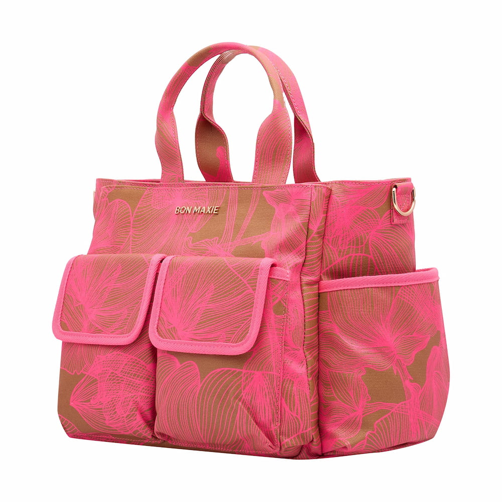 Multi-Pocket Nappy Bag -- Neon Pink/Tan Floral