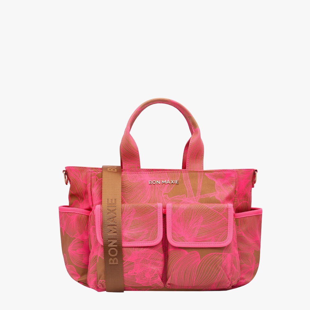 Multi-Pocket Nappy Bag -- Neon Pink/Tan Floral