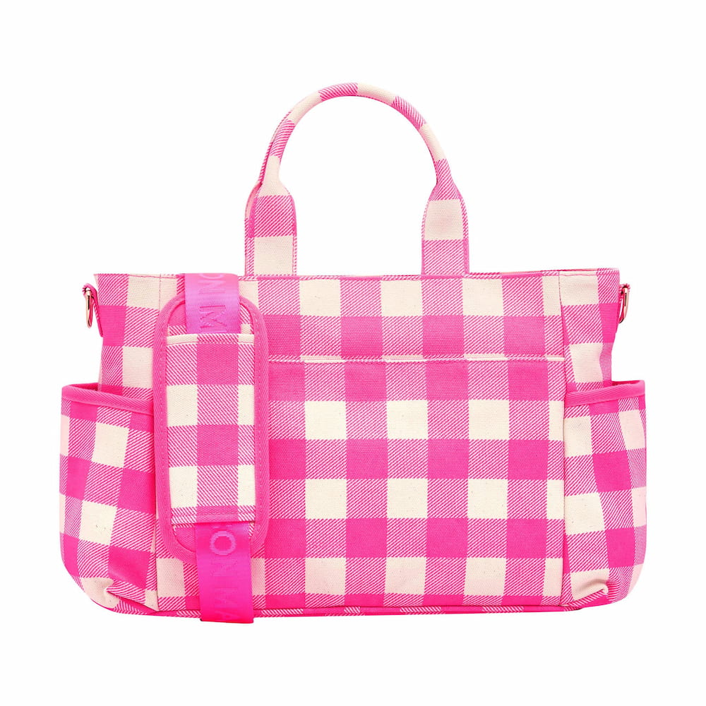 Multi-Pocket Nappy Bag -- Neon Pink Gingham