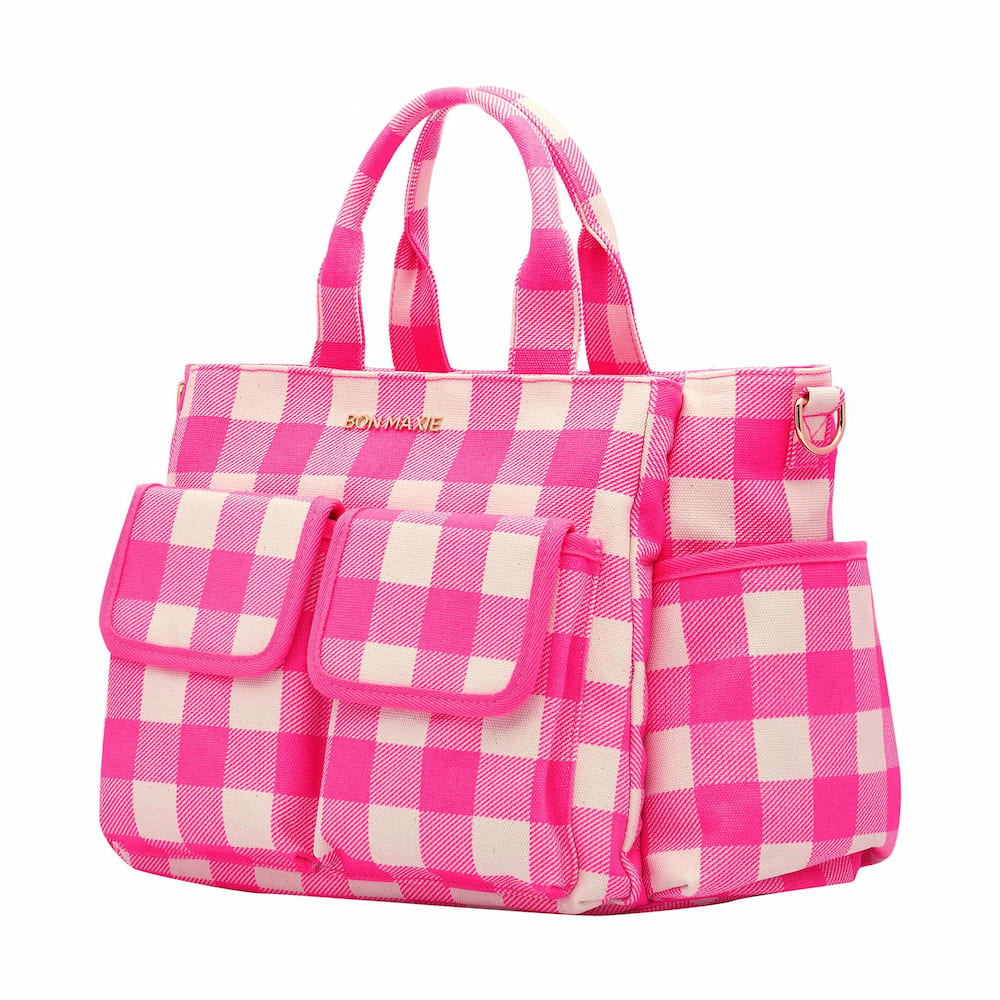 Multi-Pocket Nappy Bag -- Neon Pink Gingham