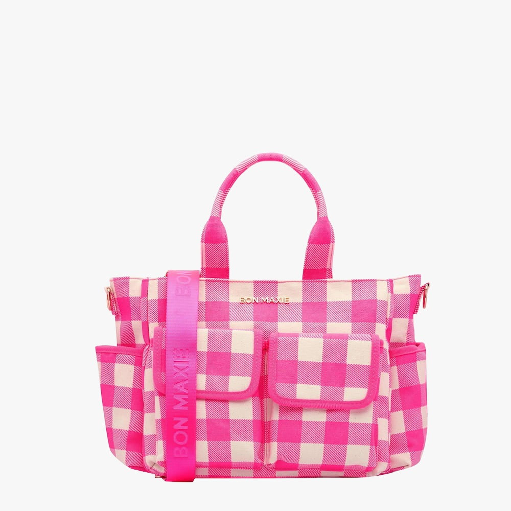 Multi-Pocket Nappy Bag -- Neon Pink Gingham