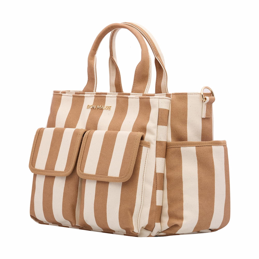 Multi-Pocket Nappy Bag -- Tan Stripe