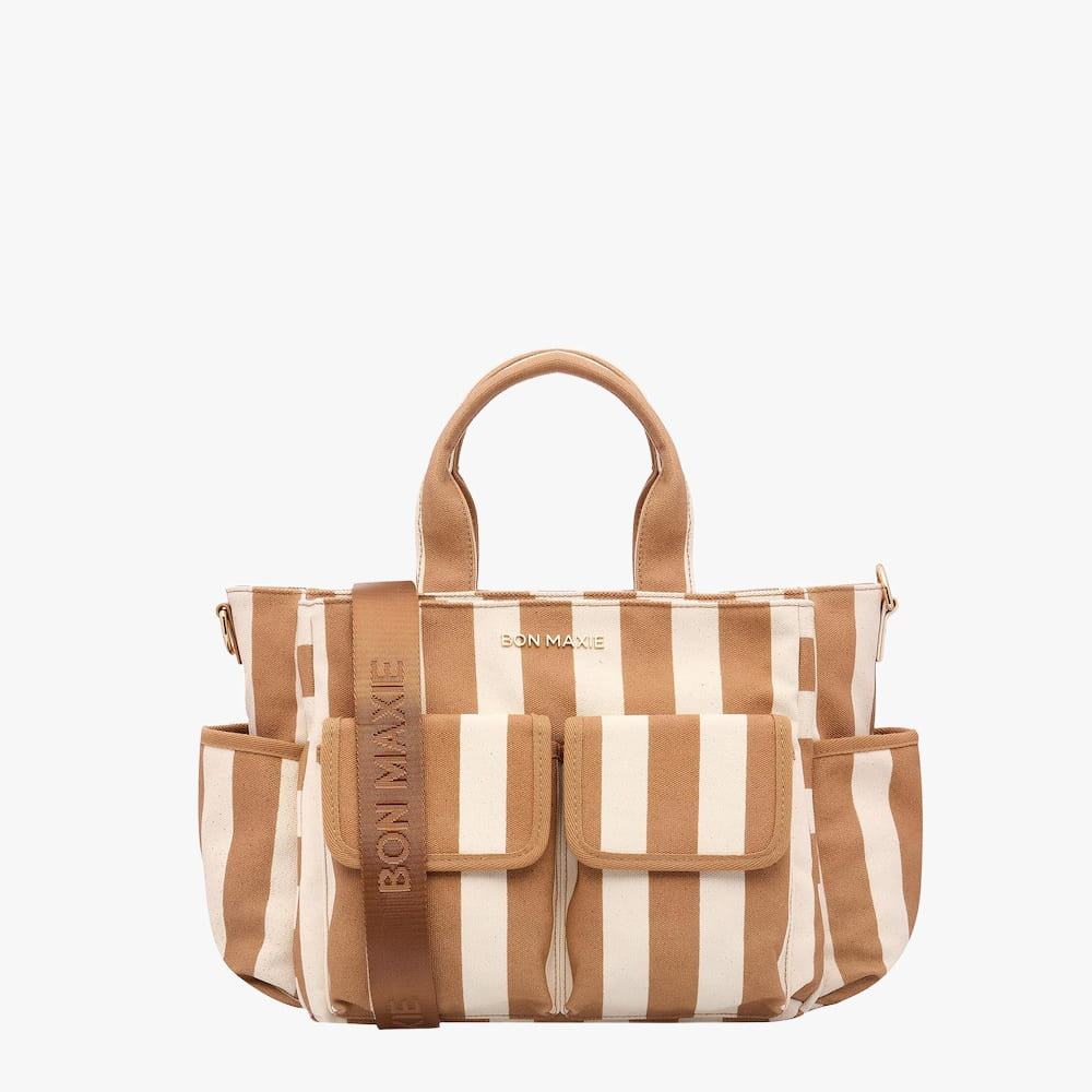 Multi-Pocket Nappy Bag -- Tan Stripe