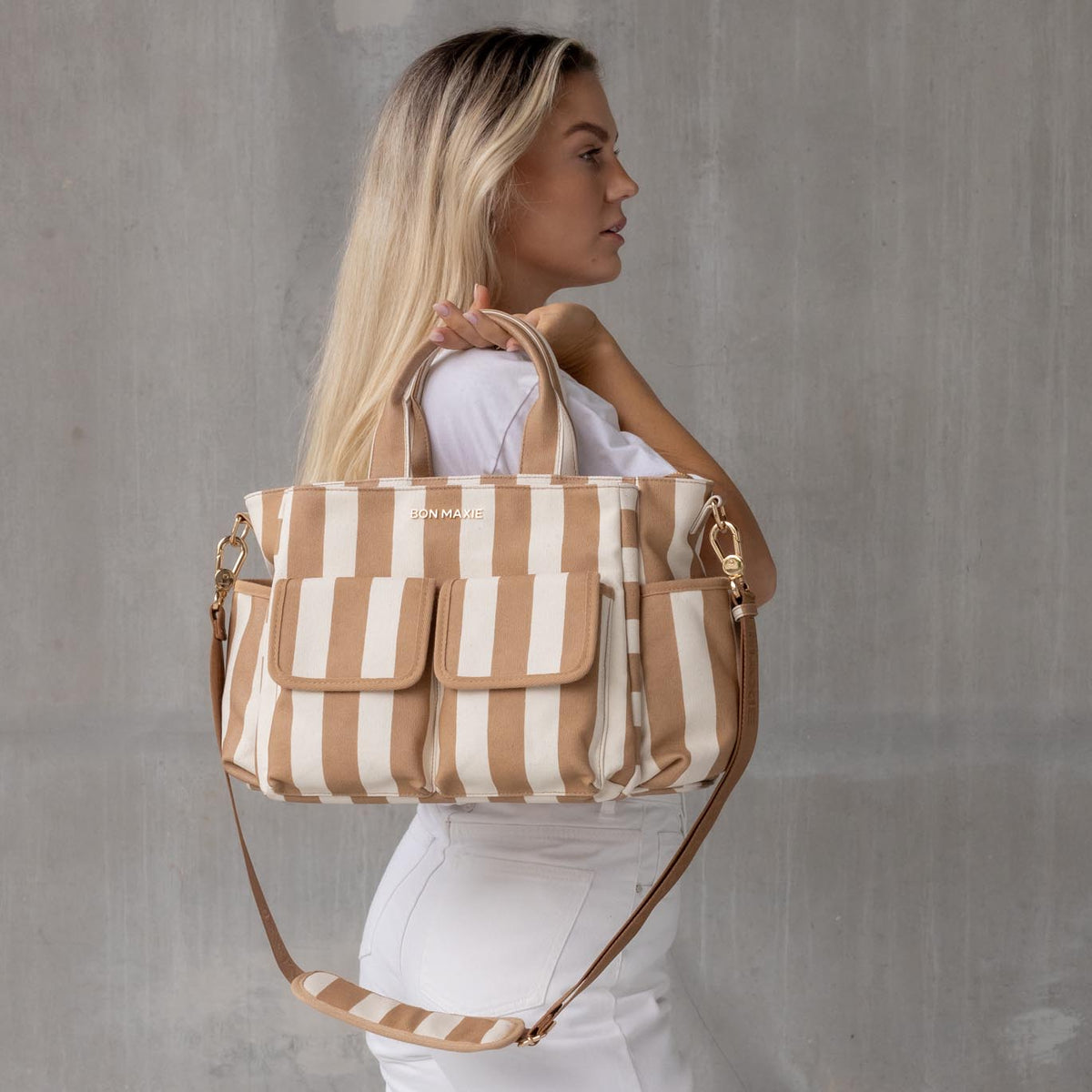 Multi-Pocket Nappy Bag -- Tan Stripe