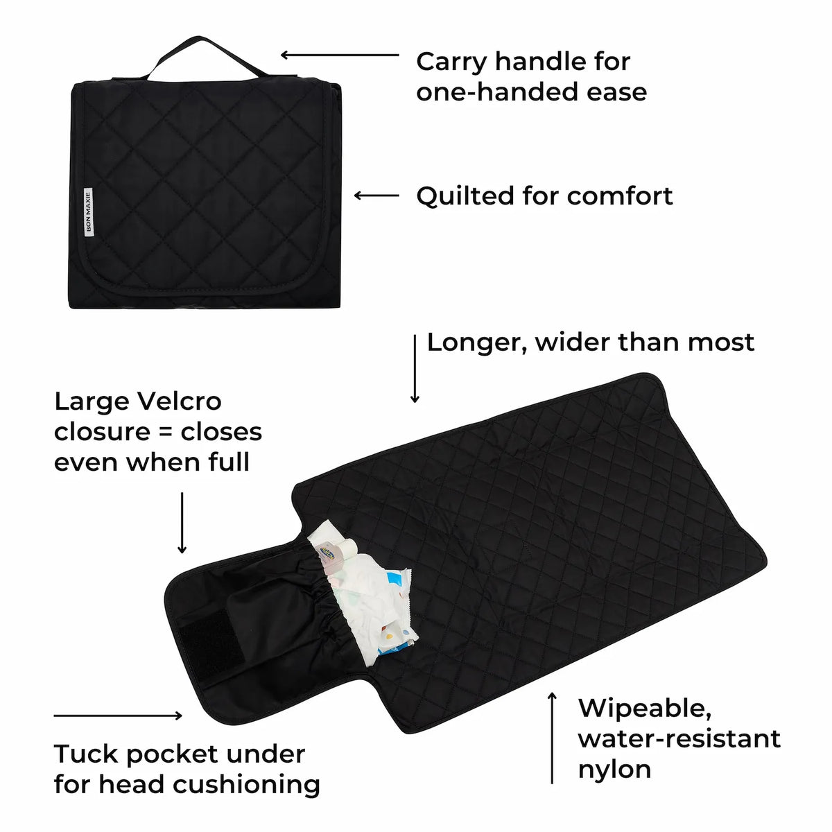 Quilted Change Mat Nappy Clutch -- Black