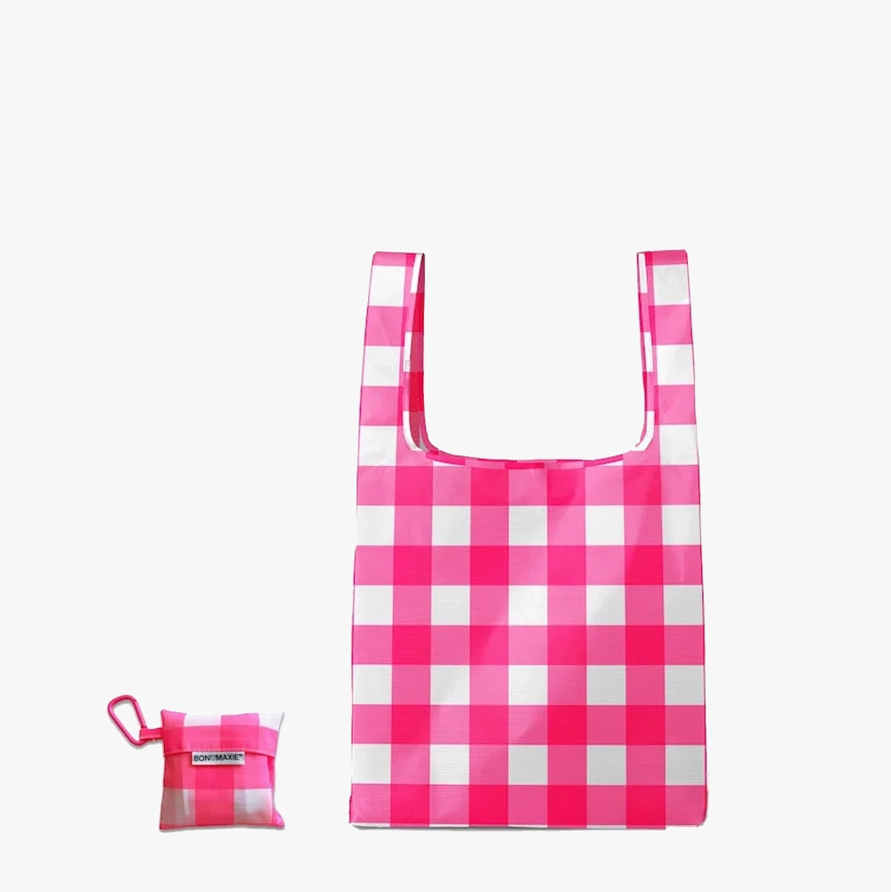 Reusable Shopping Bag - 2 Sizes -- Neon Pink Gingham